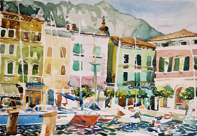 “Gargnano Marina”, by Robert Leedy, 2002, watercolor on Arches hot press paper, 13 1/2″ x 19 1/2″