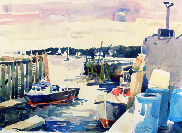 “Rockland Municipal Pier”, by Robert Leedy, 2004, watercolor on Arches Hot Press paper, 10.5 x 14.5 in., Collection of the Artist