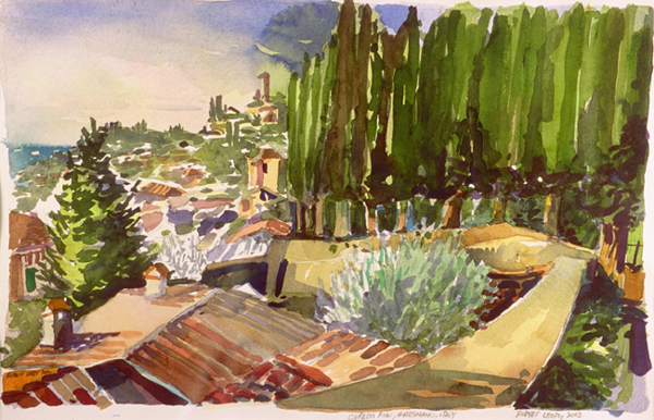 “Cypress Row, Gargnano, Italy”, by Robert Leedy, 2002, watercolor on paper, 11.75 x 18.125 in., Collection of the Artist