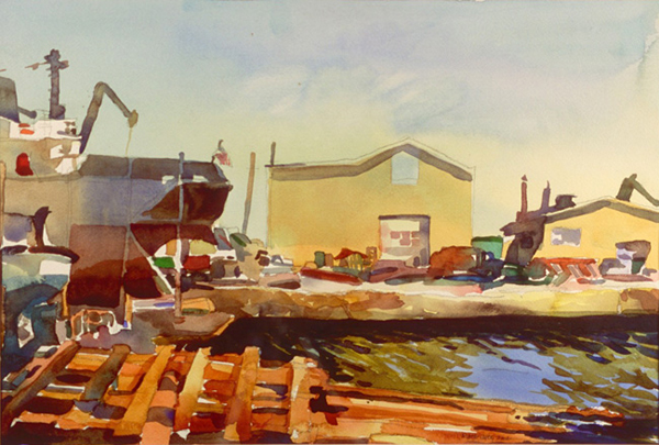 “Rockland Shipyard, Maine”, by Robert Leedy, 2002, watercolor on Arches Cold Press paper, 12.5 x 18.5 in., Collection of the Artist