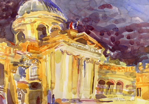 “Night Study - l’Institut de France, Paris”, by Robert Leedy, 2003, watercolor on Arches Hot Press paper, 13.5 x 19.5 in., Collection of the Artist