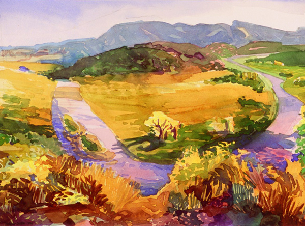 “Chama River”, by Robert Leedy, 2000, watercolor on paper, 10.125 x 13.75 in., Collection of the Artist