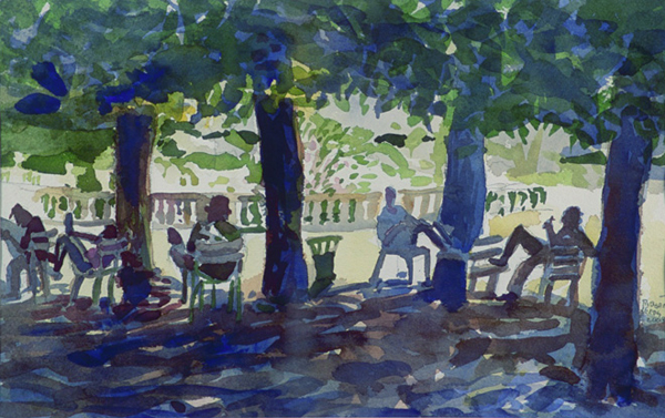 “A Break From The Heat - Jardins du Luxembourg”, by Robert Leedy, 2003, watercolor on paper, 9.75 x 15.375 in., Collection of the Artist
