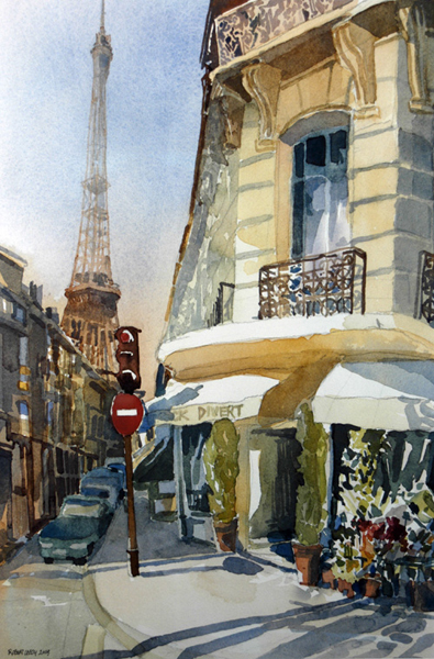"rue de Monttessuy", by Robert Leedy, 2004, watercolor on paper, Collection of Dr. & Mrs. José Martinez-Salas, Winter Haven, Florida
