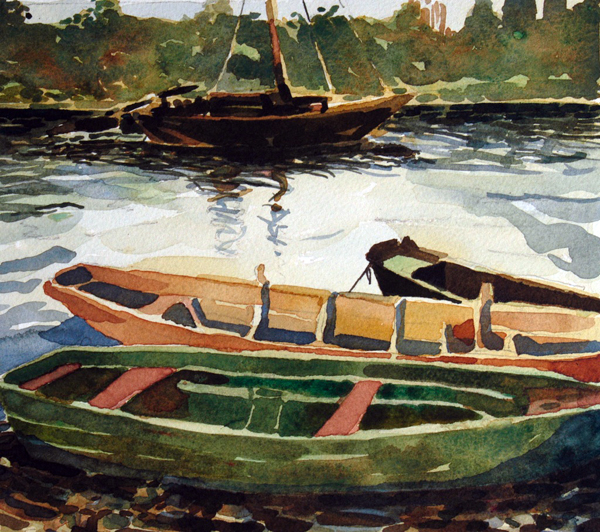 “Loire Working Boats”, by Robert Leedy, 2003, watercolor on paper, Collection of Mary Loftus, Paris, France
