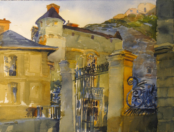 “Château de la Roche-Guyon”, by Robert Leedy, 2002, watercolor on paper, Collection of Mr. & Mrs. Homer H. Humphries, Ponte Vedra Beach, Florida