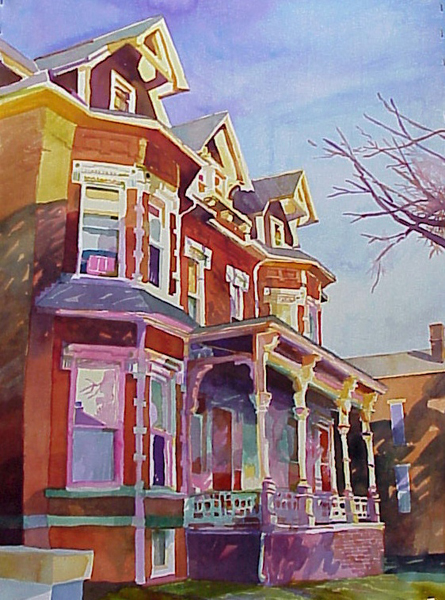 “First Street Morning”, by Robert Leedy, 2000, watercolor on paper,  Collection of Mr. & Mrs. George Bernard, Lima, Peru