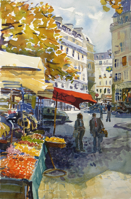 “rue Mouffetard”, by Robert Leedy, 2003, watercolor on paper, Collection of Mr. & Mrs. David Epstein, Jacksonville, Florida