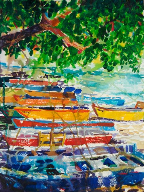 “Yolas de Aguadilla”, by Robert Leedy, 1995, watercolor & watercolor pencils, 16 in. x 12 in., Collection of the Artist