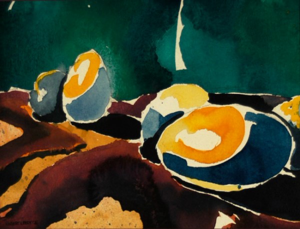 “Egg Abstraction I”, by Robert Leedy, 1976, watercolor on paper, 8 in. x 10.5 in., Collection of the Artist