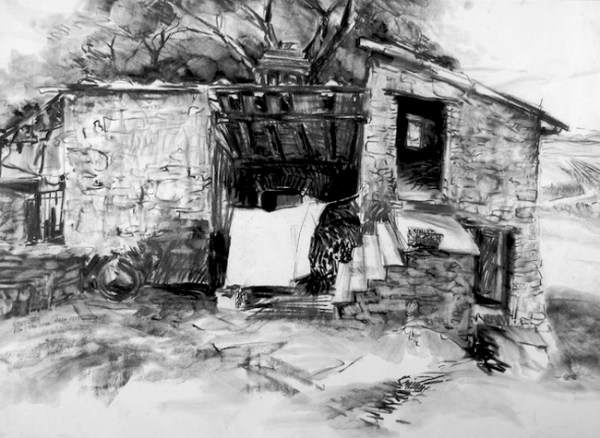 “Barn at Sosa - San Sano, Italy”, by Robert Leedy, 1993, charcoal on paper, Collection of the Artist