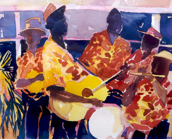“Nevisian String Band”, by Robert Leedy, 1992, watercolor on paper, Collection of Amy Carol Roberts, Neptune Beach, Florida