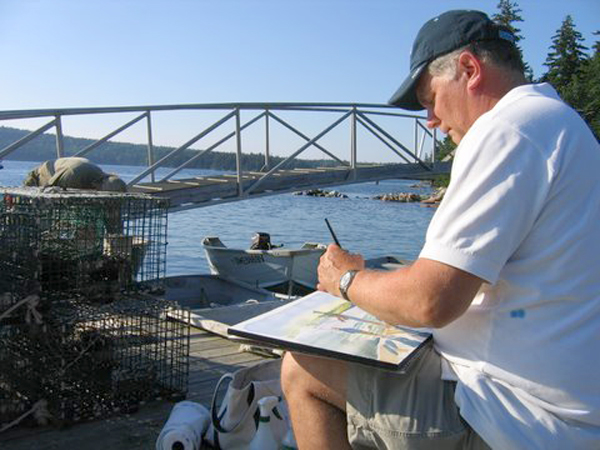 Robert painting "Fishing Lesson" at Bartlett's Landing, Maine, August 2008, photo by Barbara Sroka.