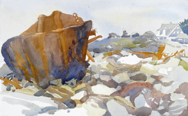 "Shipwreck at Lobster Cove, Monhegan Island, Maine", by Robert Leedy, 2008, watercolor on Fabriano Uno 140 lb. Cold Press paper, 21" x 13" (Unfinished)
