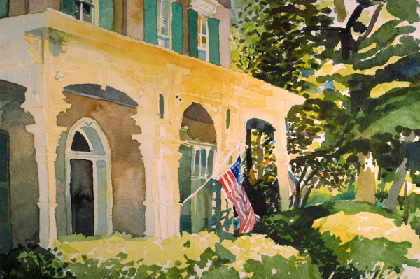 "Glover House, Marietta" (detail and unfinished), by Robert Leedy, watercolor on Arches 300 lb. Cold Press paper, 29.5" x 22" (full size)