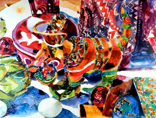 "le Cadeau", by Robert Leedy, watercolor on YUPO paper, 10.25" x 13.5".