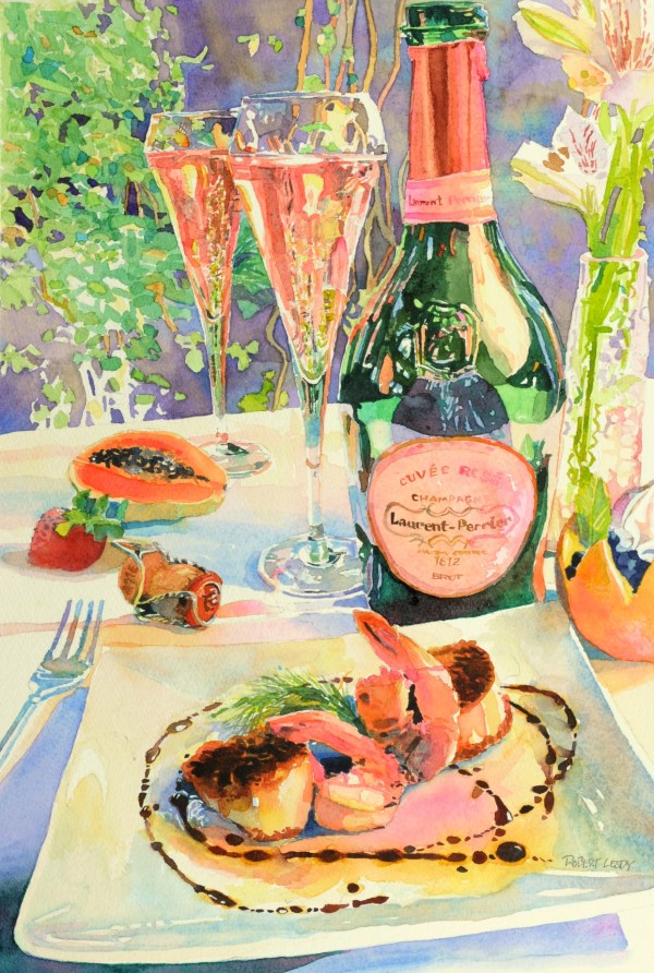 "A Course in Pink", by Robert Leedy, watercolor on Arches 300 lb. Cold Press paper, 18" x 12", Collection of The Wine Cellar, Jacksonville, Florida.