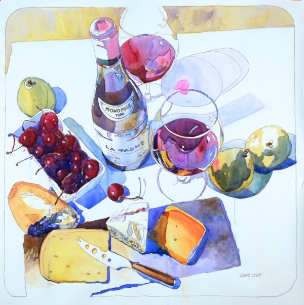 "au revoir 1970 la Tache", by Robert Leedy, watercolor on Fabriano Artistico 140 lb. Cold Press paper, 36" x 36", Collection of The Wine Cellar, Jacksonville, Florida.