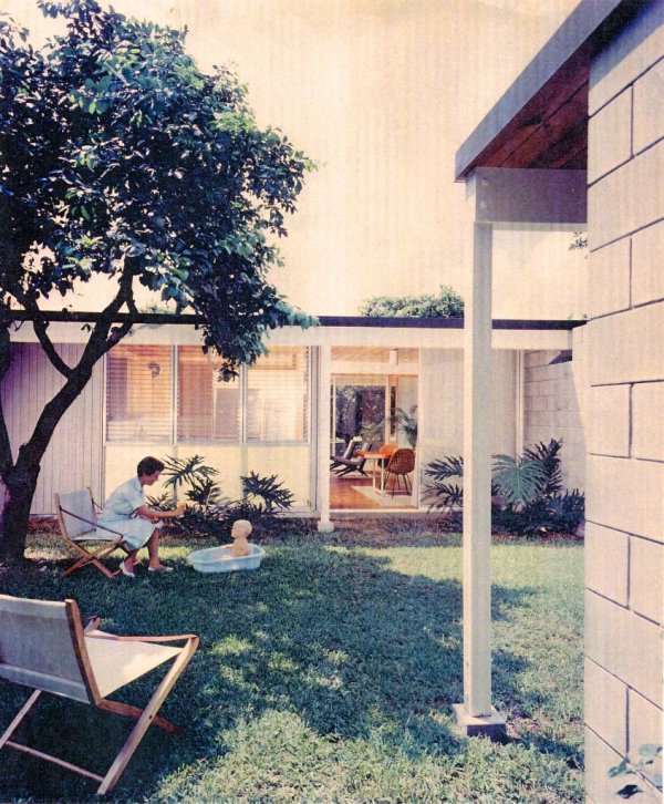 The house I was born in. The photo is probably 1957...that's Mom and me in the tub. This photo appeared in House & Garden magazine and might have been the article that inspired Richard West to contact my Dad, Gene Leedy to purchase the plans to build the house in Jacksonville that Betty Williamson lives in. Betty's house is a mirrored twin to this one. Notice the yellow panels under the kitchen's jalousie windows: Betty's original utility room door is the same color. I believe this photo was taken by architectural photographer, Alexandre Georges.